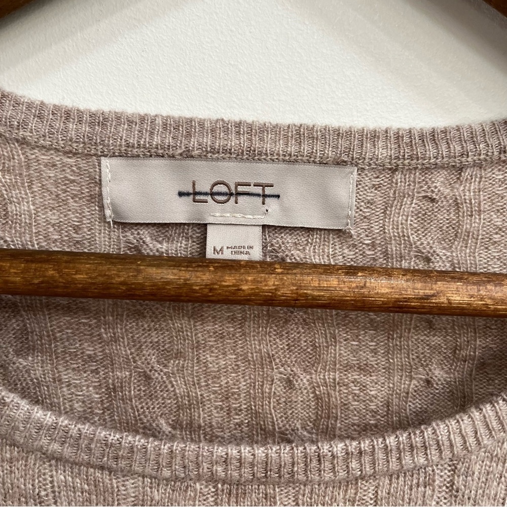 LOFT 100% cashmere tan cable knit sweater crewneck ribbed lightweight medium - Picture 6 of 7